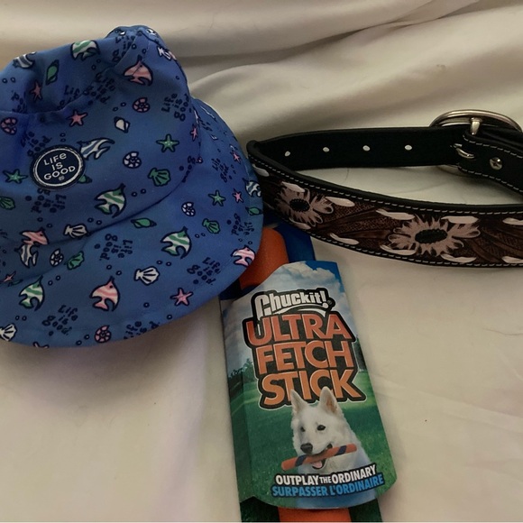 Dog Bundle NWT Myra Handbags Hand-Tooled Dog Collar Medium, Sunhat, and Toy - Picture 1 of 11